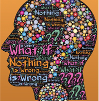A graphic illustration of a head with words inside such as 'What if?'