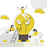 Illustration of a light bulb with people around it